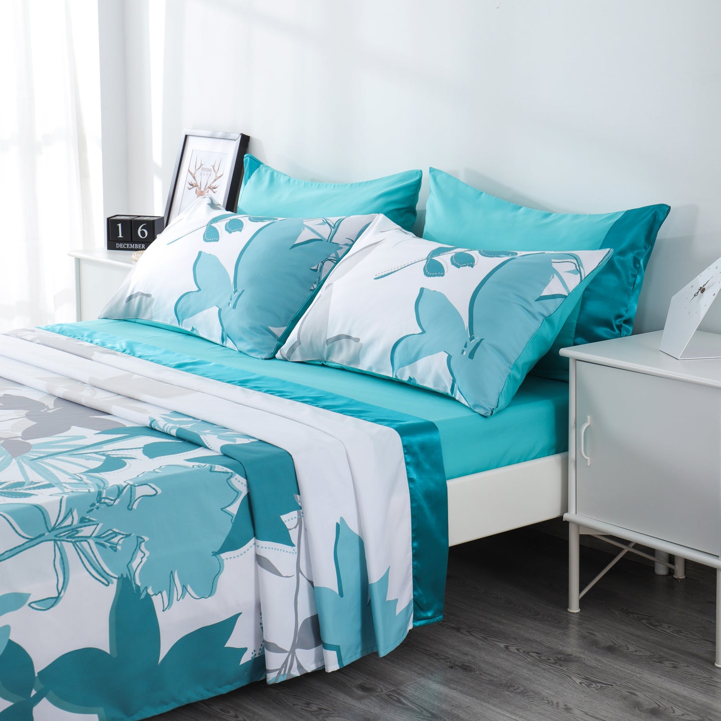6 Piece Bed Sheet set-White Leaf