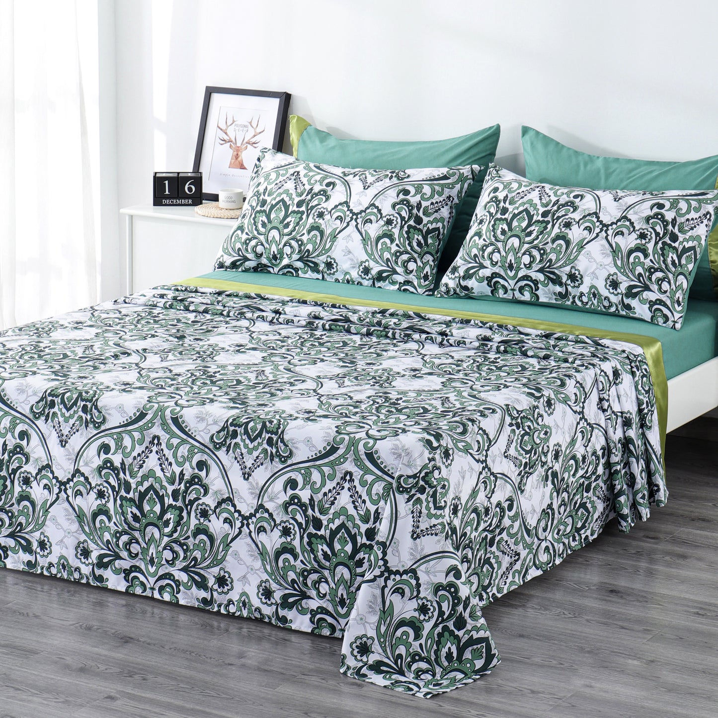 6 Piece Bed Sheet set-green Pattern.