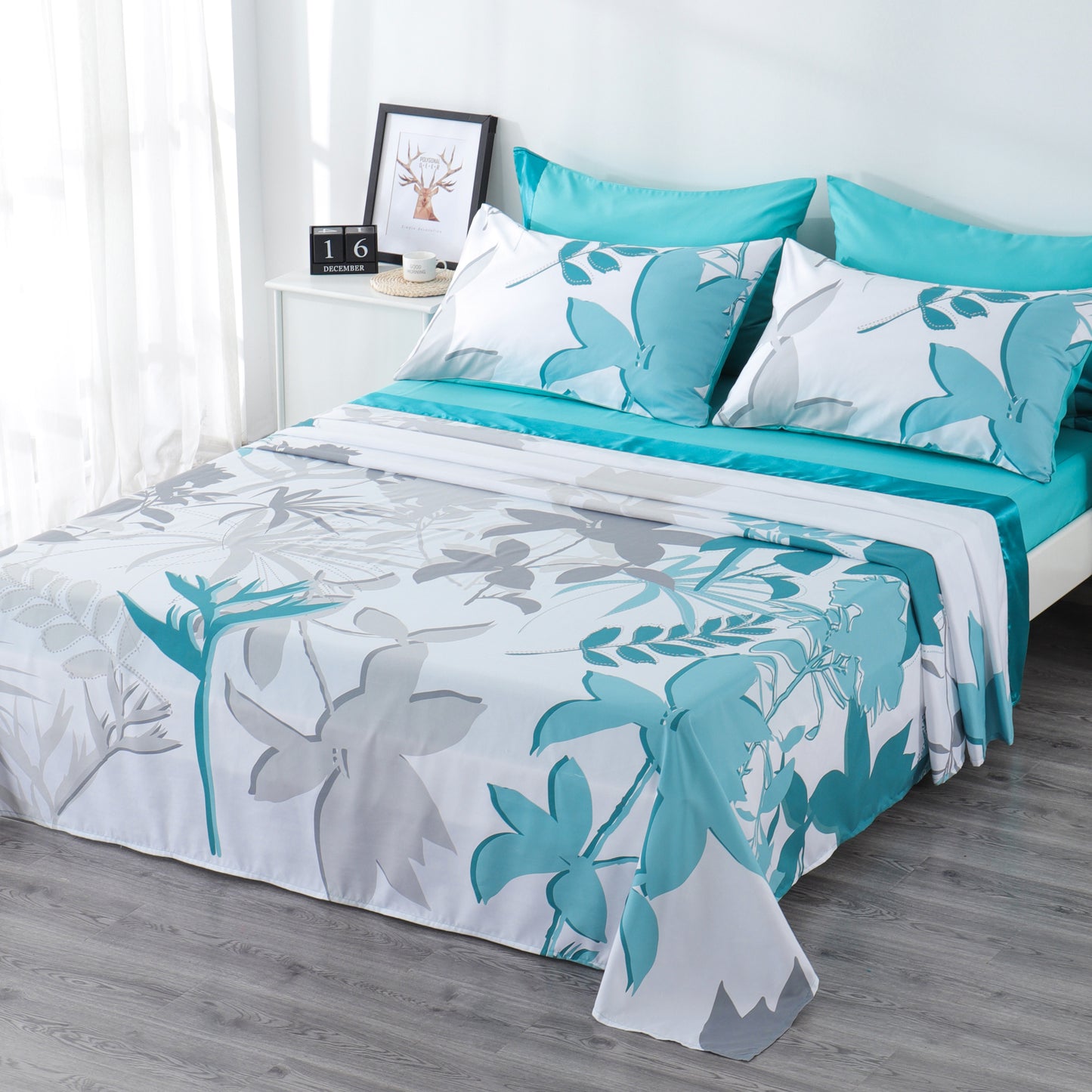 6 Piece Bed Sheet set-White Leaf