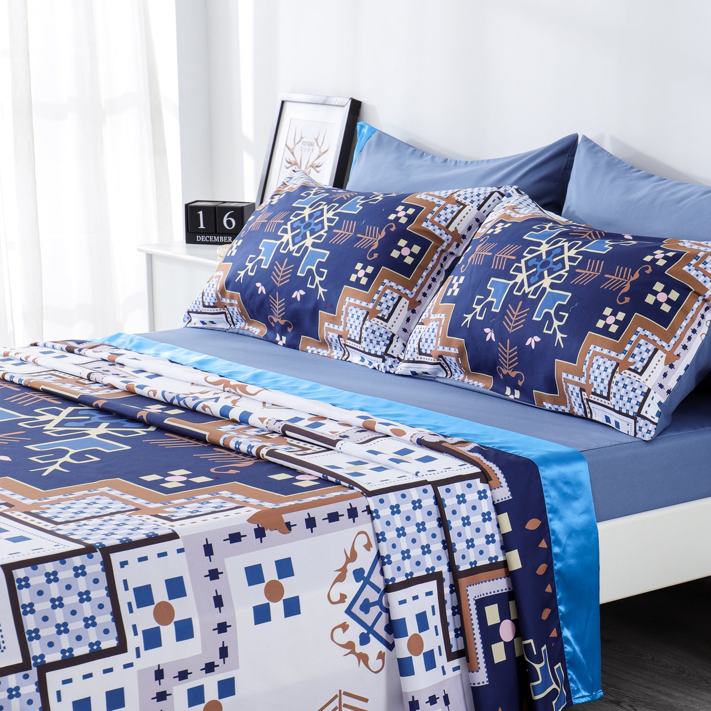 6 Piece Bed Sheet set-Blue Geometrical