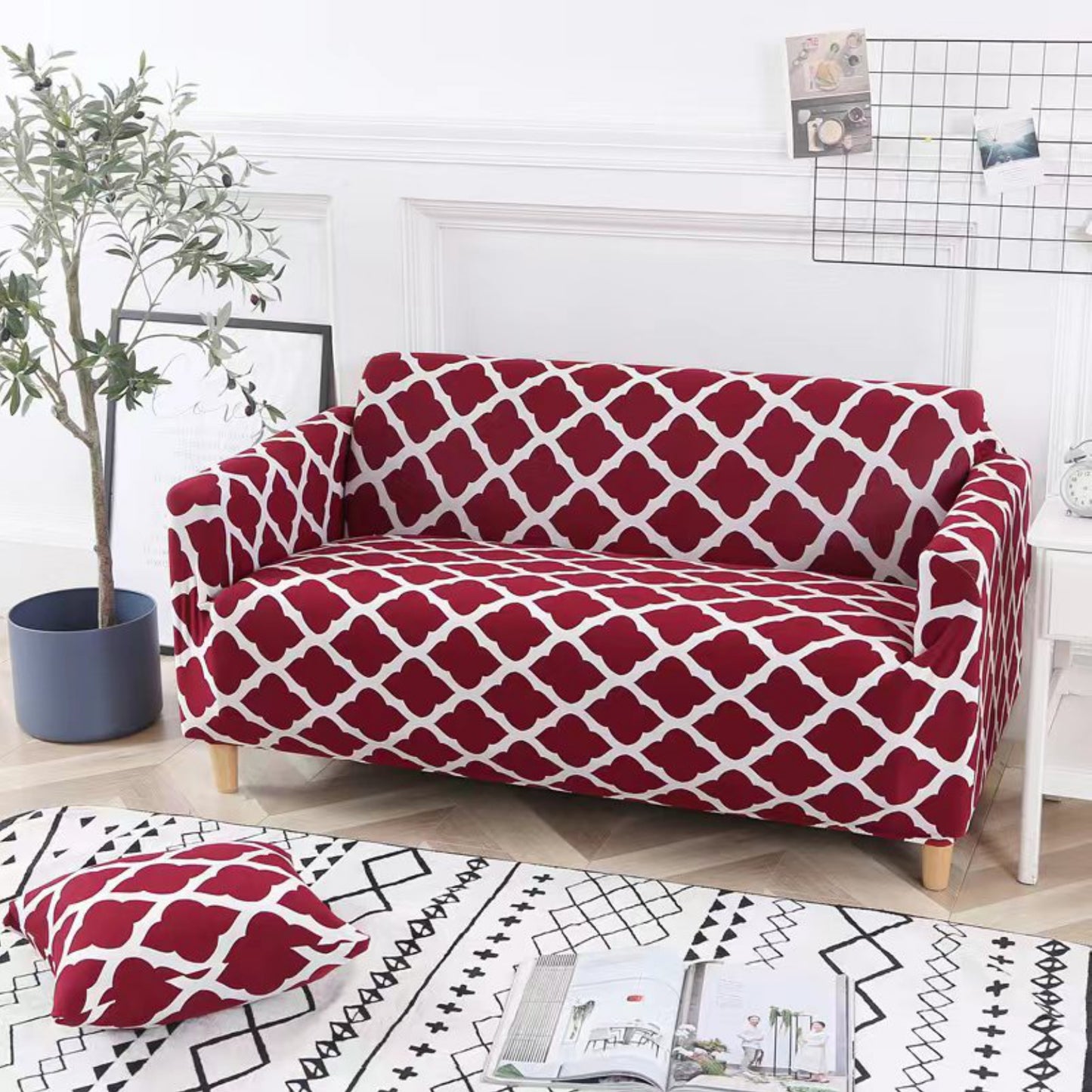 Red and White Sofa Slip Cover